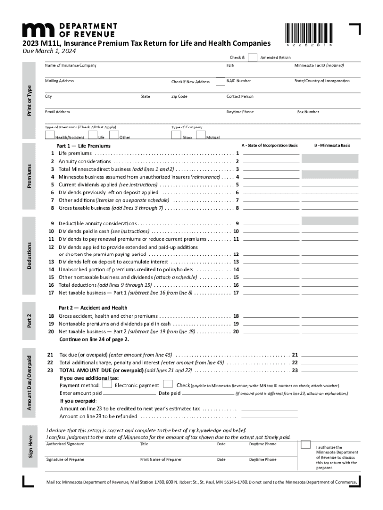 2023 M11L, Insurance Premium Tax Return for Life and Health Companies Preview on Page 1