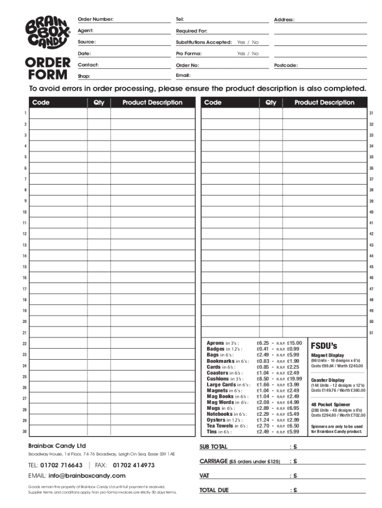 Fillable Online Brainbox Candy Order Form Fax Email Print pdfFiller Fillable Online Brainbox Candy Order Form Fax Email Print pdfFiller