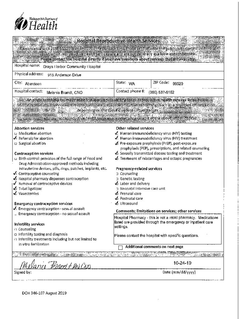 Fillable Online doh wa Grays Harbor Community Hospital Reproductive