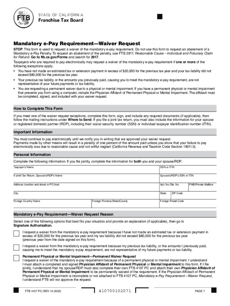 FTB 4107 Mandatory e-Pay Requirement - Waiver Request Preview on Page 1