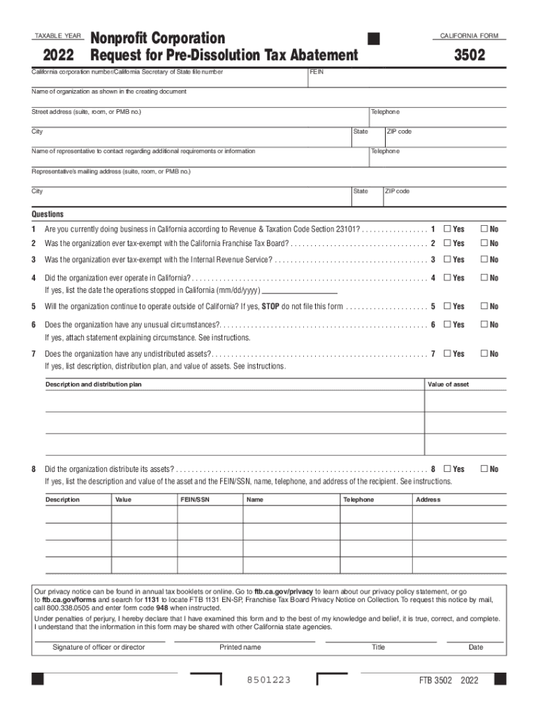 2022 California Form 3502 Nonprofit Corporation Request for Pre-Dissolution Tax Abatement Preview on Page 1