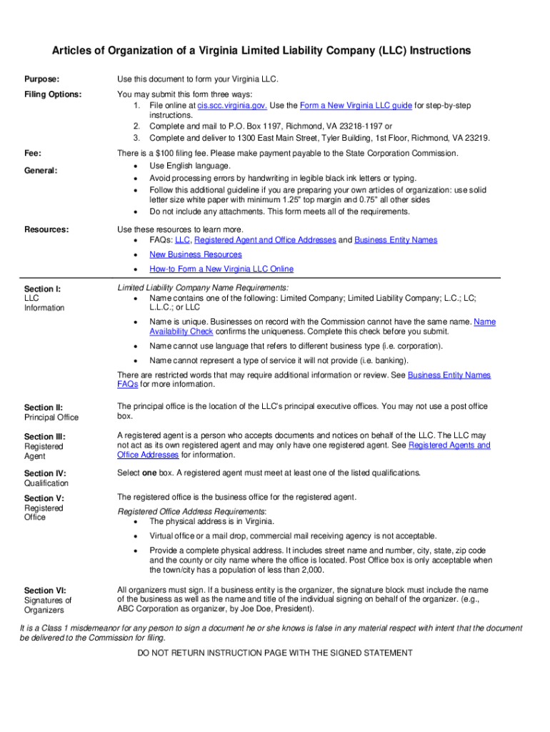 Virginia LLC Articles of Organization - Legal Form Preview on Page 1