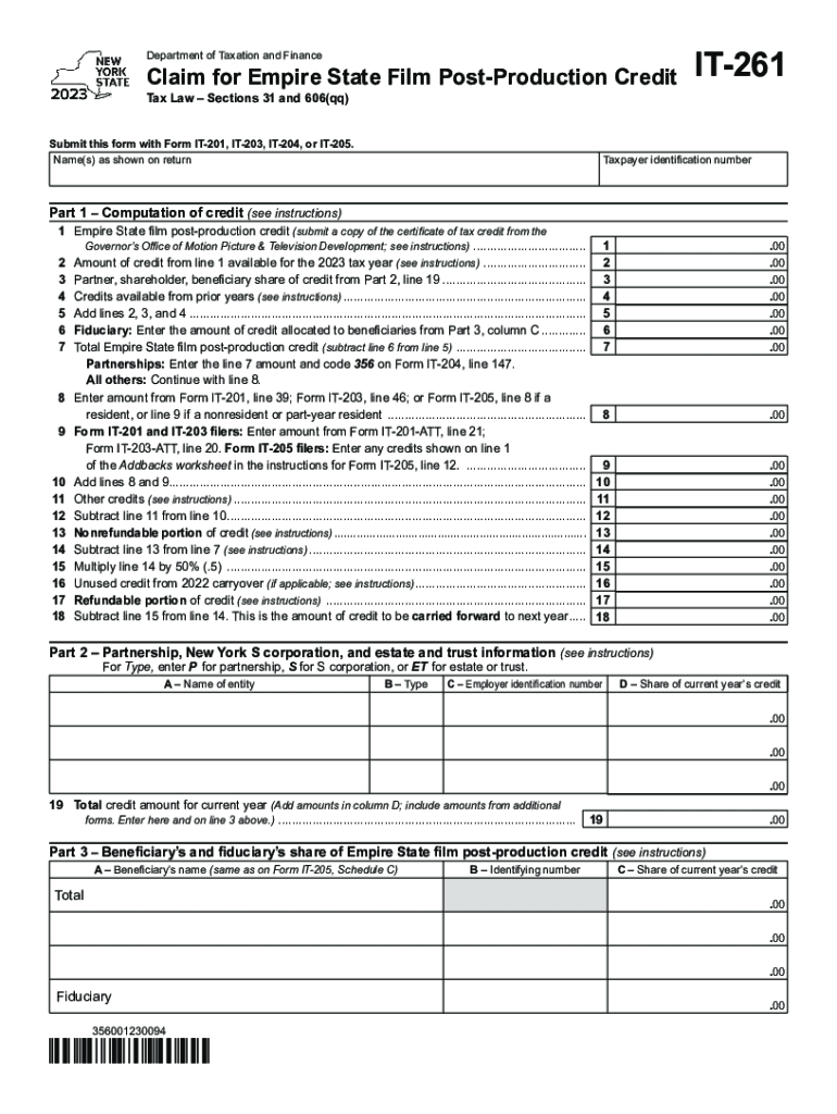 Form IT-261 Claim for Empire State Film Post-Production Preview on Page 1