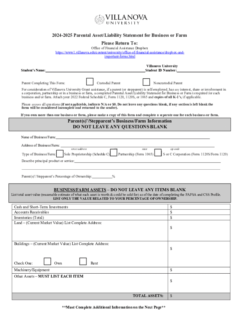 Fillable Online www1 villanova 20242025 Parental Asset/Liability