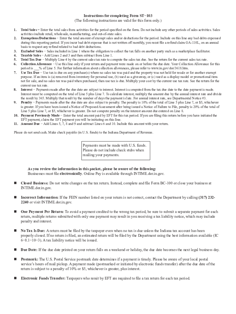 IN ST-103 - Instructions 2007-2023 - Fill out Tax Template Preview on Page 1