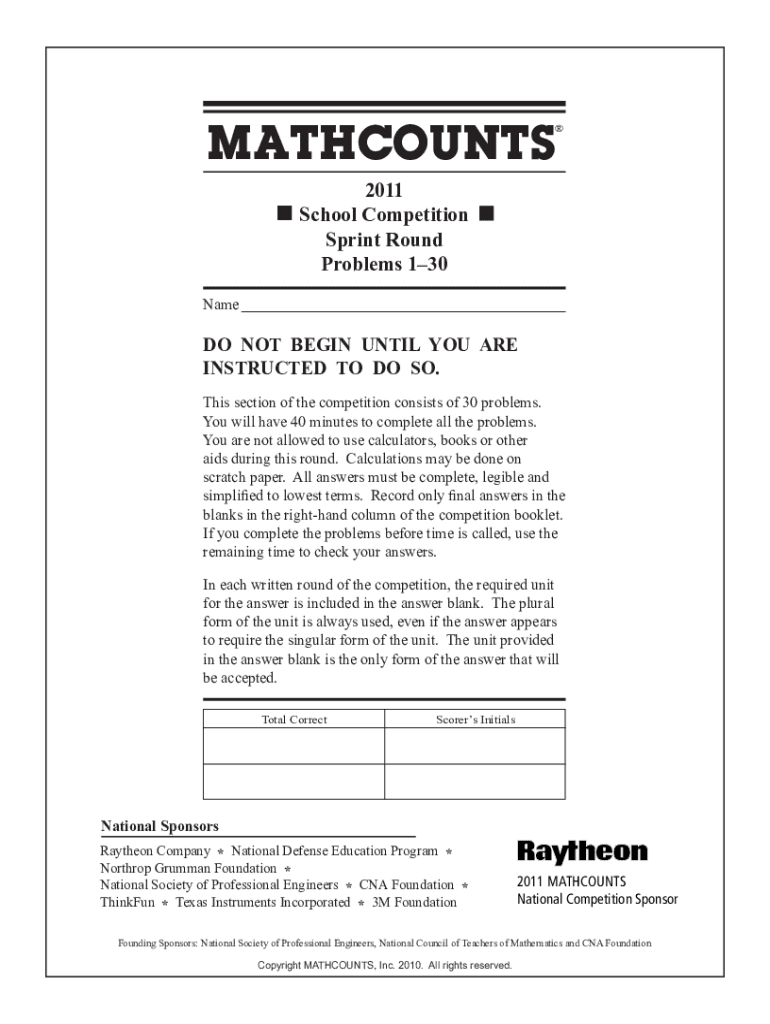 Fillable Online 2011 mathcounts state competition sprint round.pdf Fax Email Print pdfFiller