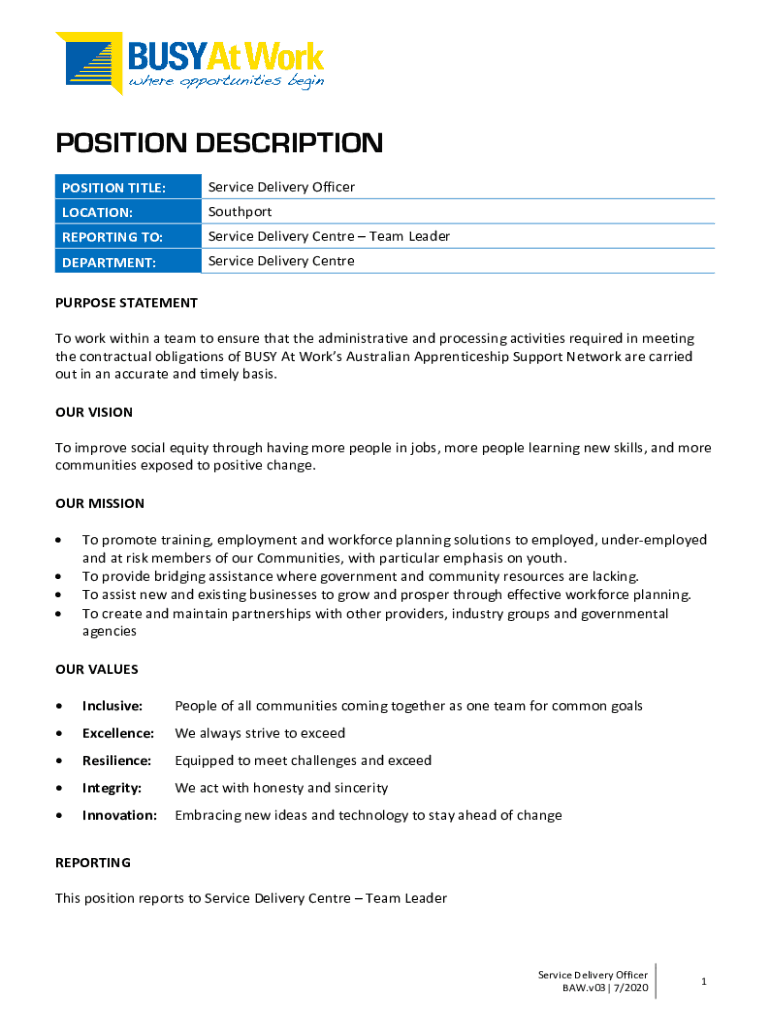 Fillable Online Service Delivery Manager job description template Fax Email Print pdfFiller