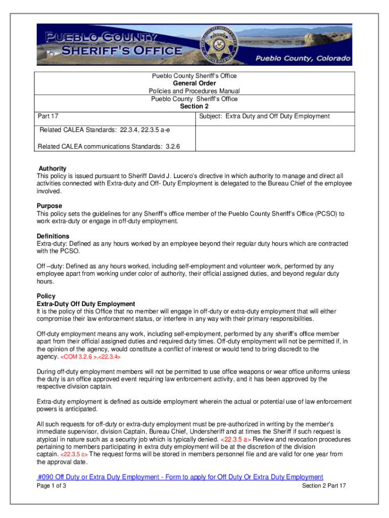 Fillable Online 090 Off Duty or Extra Duty Employment Form to apply