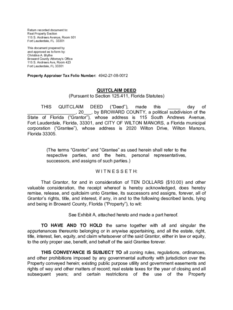 Fillable Online QUITCLAIM DEED (Pursuant to Section 125.411, Florida