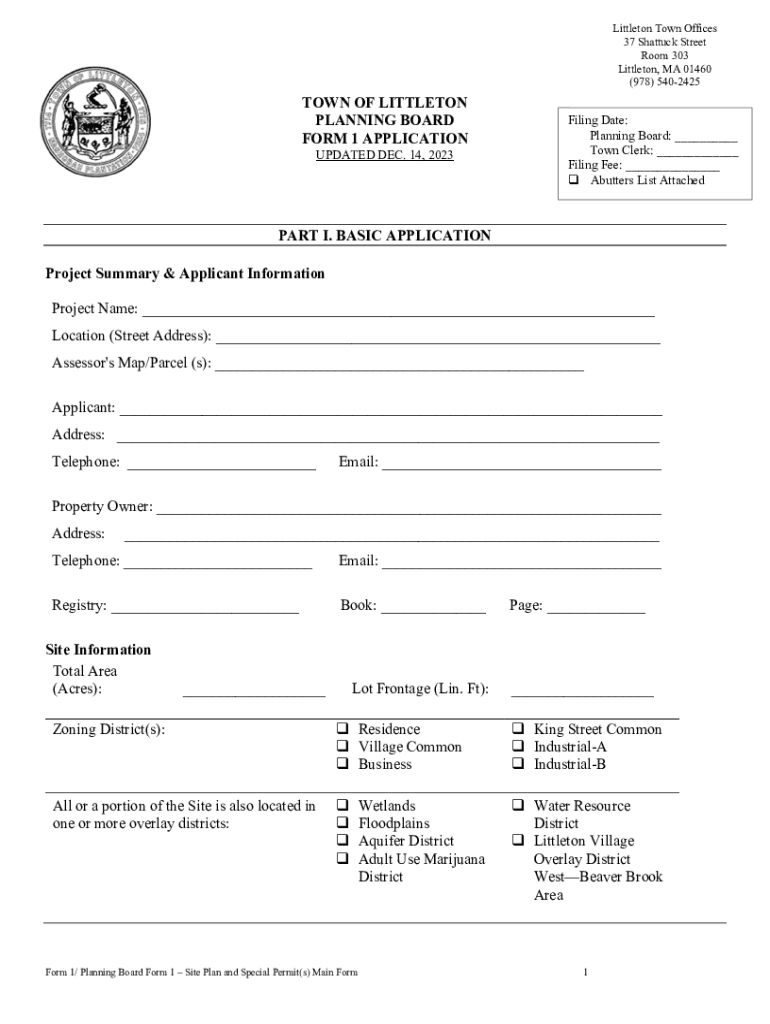 Fillable Online TOWN OF LITTLETON PLANNING BOARD FORM 1 APPLICATION