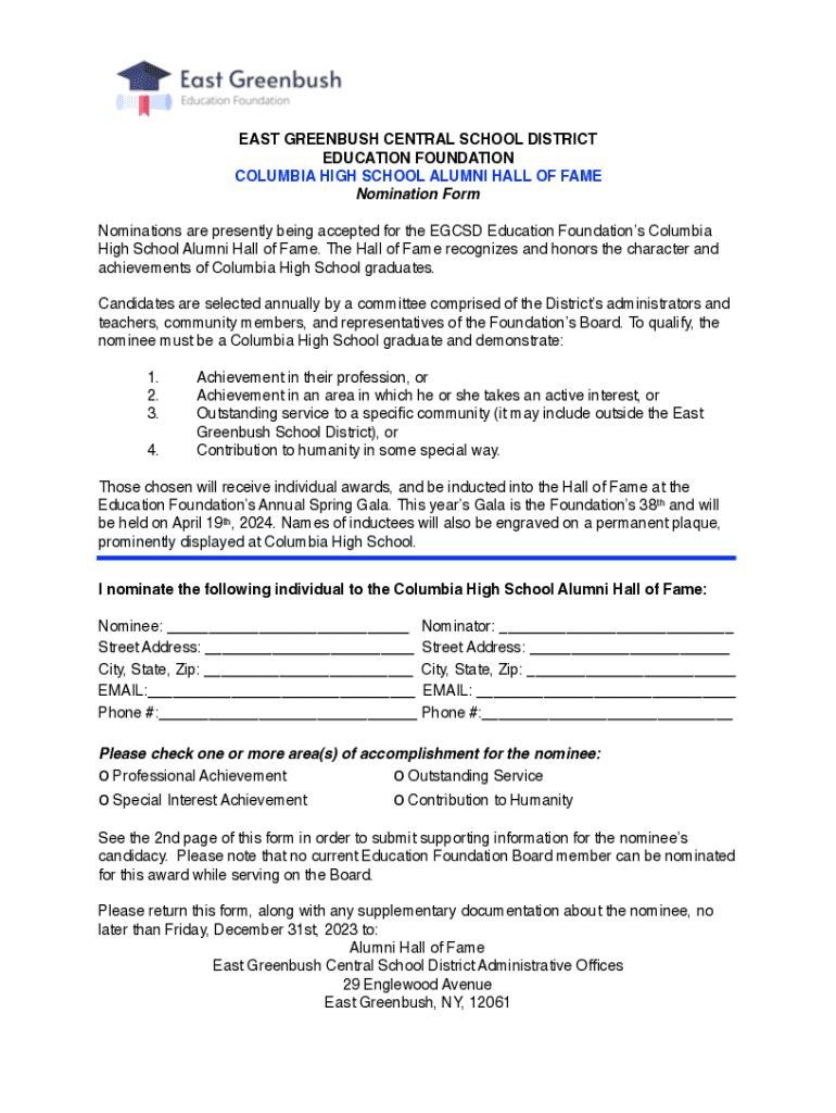 Fillable Online Nominations Open for Columbia High School Hall of Fame