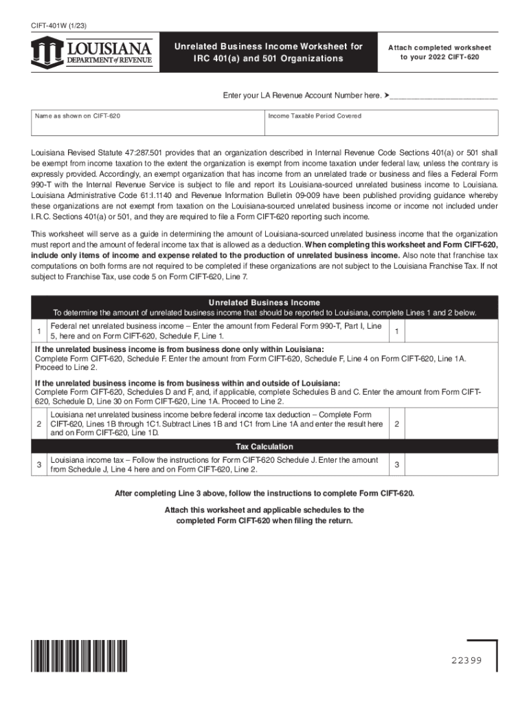 Unrelated Business Income Worksheet for IRC 401(a) and Preview on Page 1