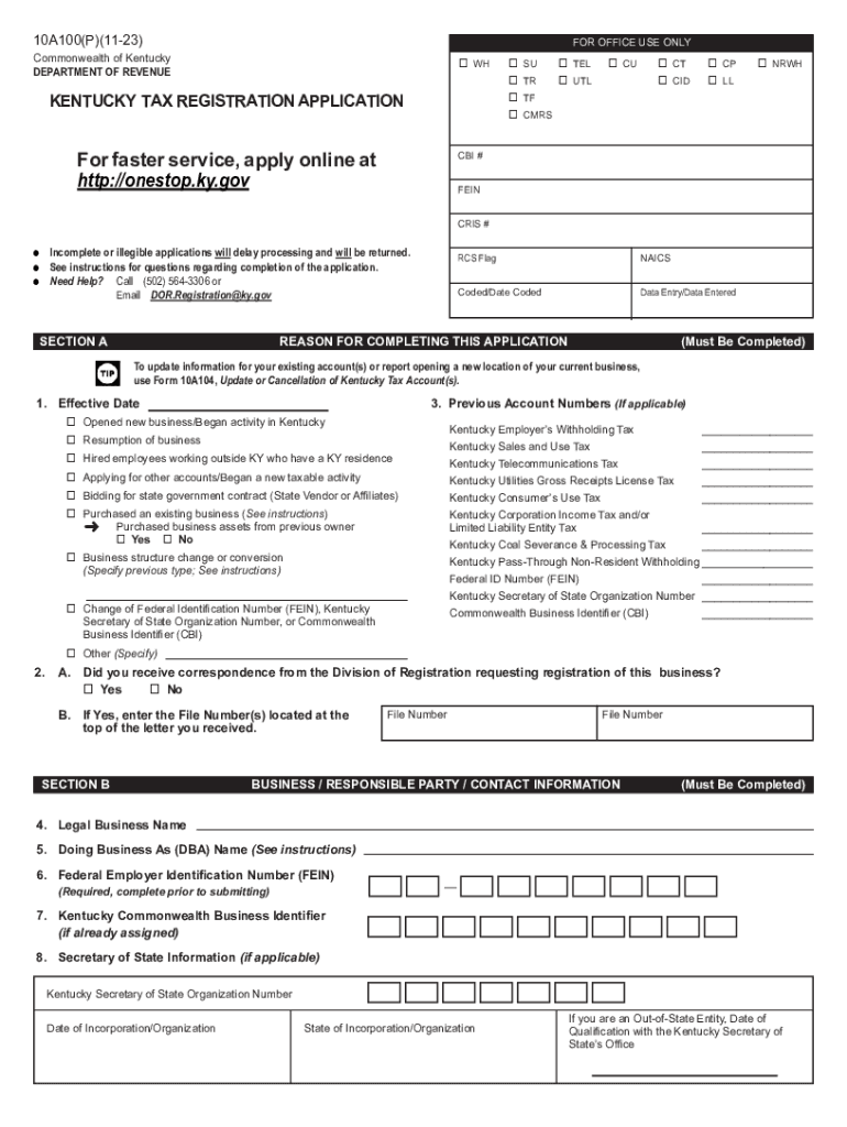 Kentucky Form 10A100 (Kentucky Tax Registration Preview on Page 1