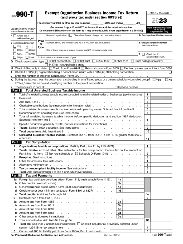 2023 Form 990-T Exempt Organization Business Income Tax Return (and proxy tax under section 6033(e)) Preview on Page 1