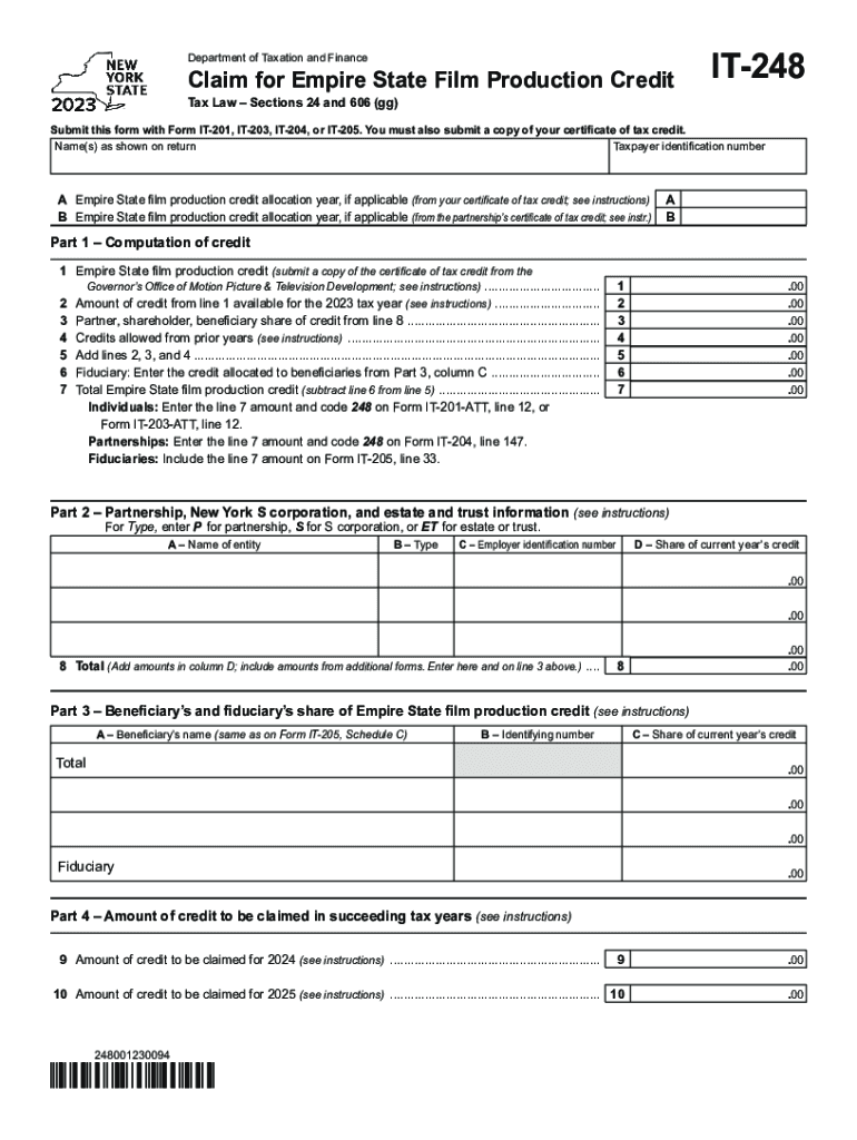 Form IT-248 Claim for Empire State Film Production Credit Tax Year 2023 Preview on Page 1