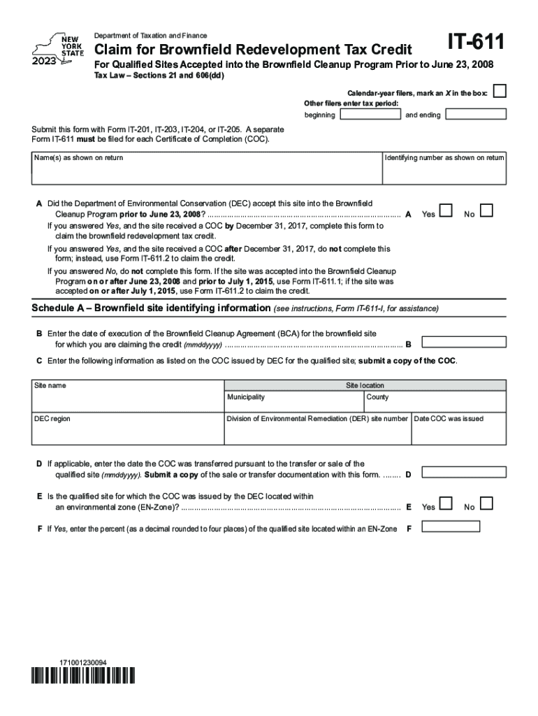 Form IT-611 Claim for Brownfield Redevelopment Tax Credit Tax Year 2023 Preview on Page 1