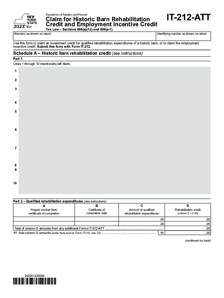 Form IT-212-ATT; Claim for Historic Barn Rehabilitation Preview on Page 1