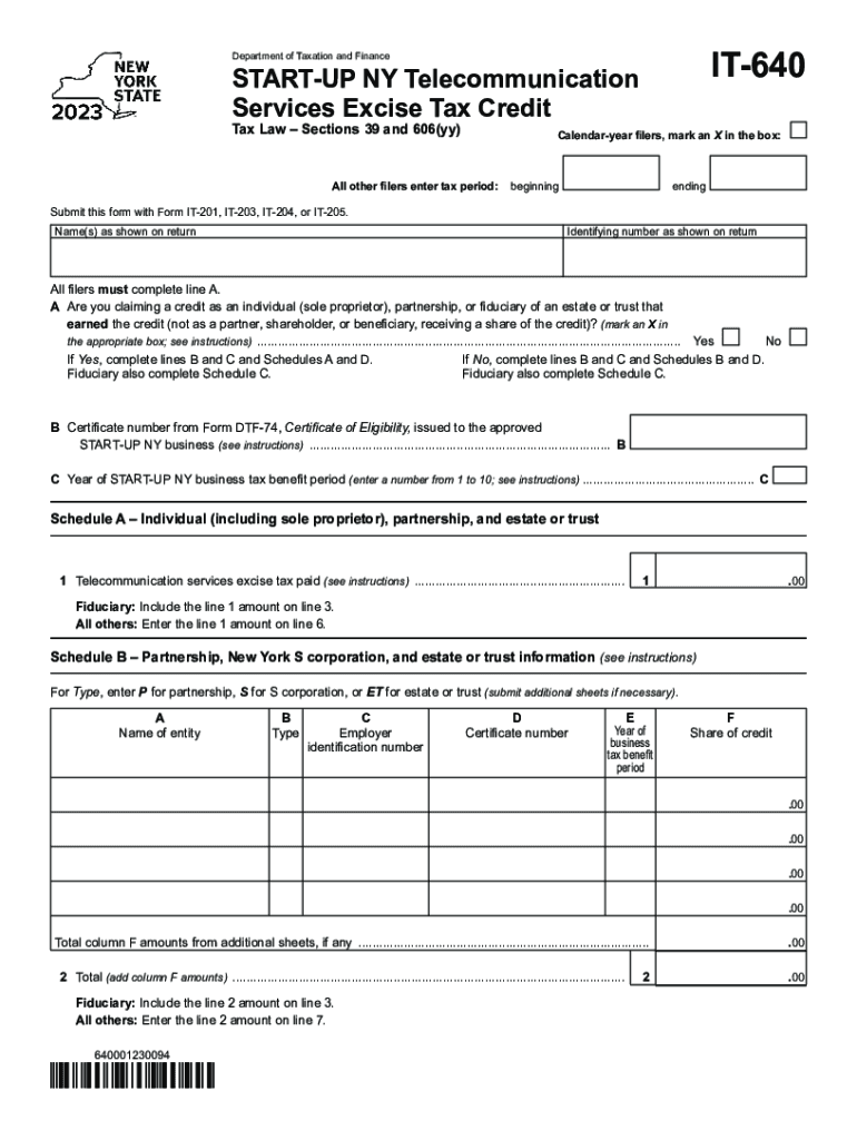 Form IT-640 START-UP NY Telecommunication Services Excise Tax Credit Tax Year 2023 Preview on Page 1