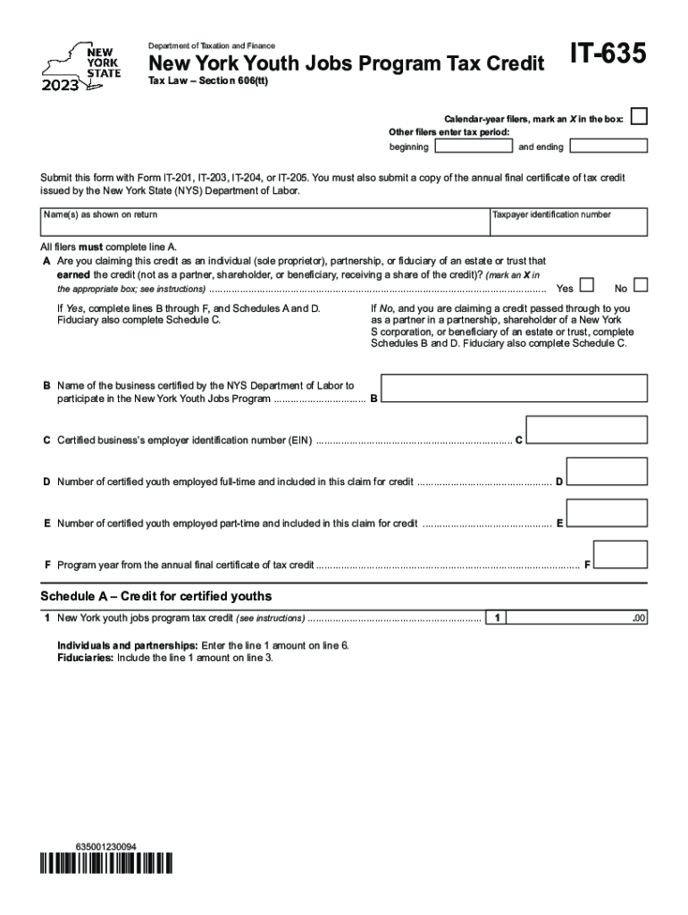 Form IT-635 New York Youth Jobs Program Tax Credit Tax Year 2023 Preview on Page 1