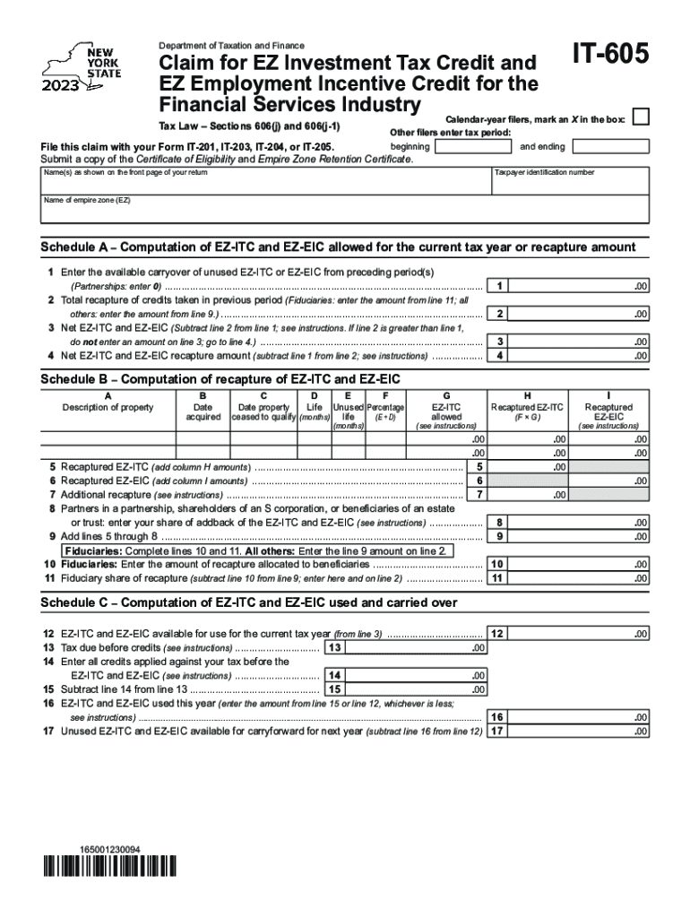 Form IT-605 Claim for EZ Investment Tax Credit and EZ Employment Incentive Credit for the Financial  Preview on Page 1