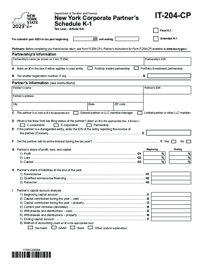 Form IT-204-CP New York Corporate Partners Schedule K-1 Tax Year 2023 Preview on Page 1