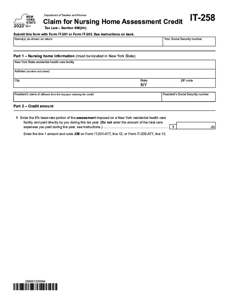 Form IT-258 Claim For Nursing Home Assessment Credit Tax Preview on Page 1