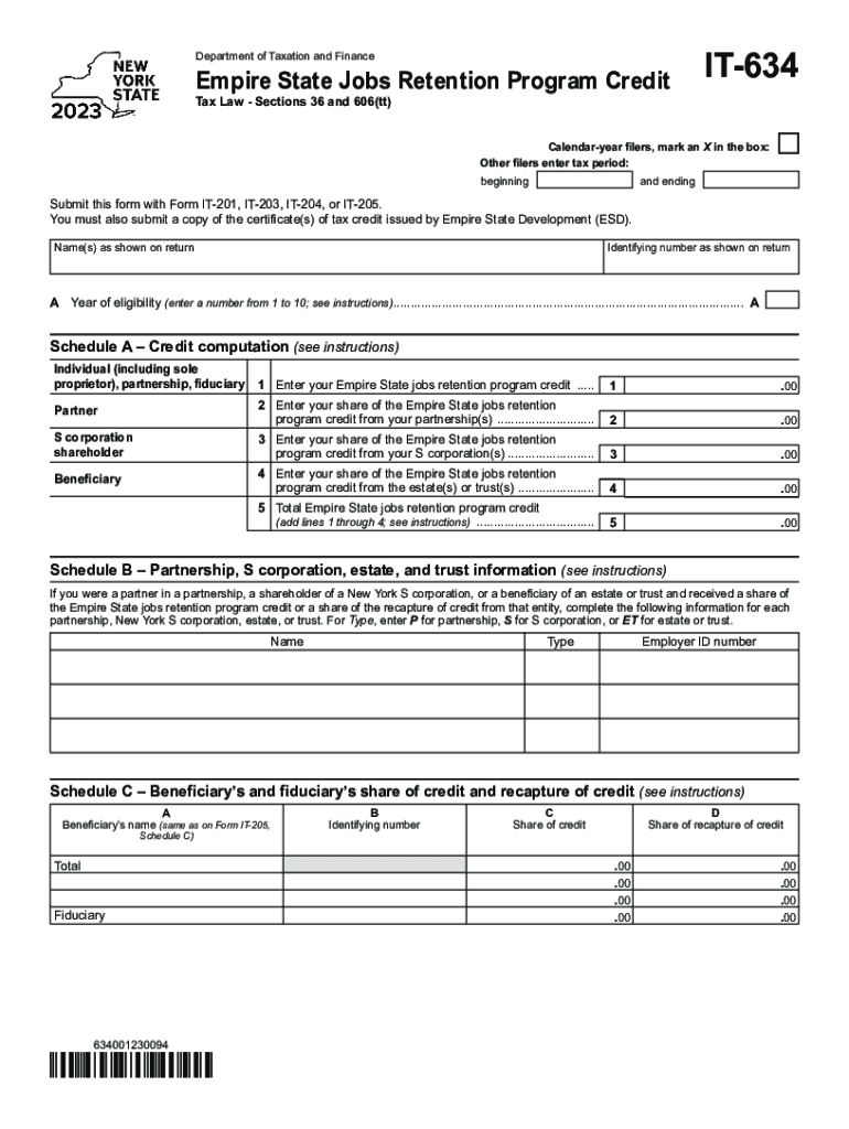 Form IT-634 Empire State Jobs Retention Program Credit Tax Year 2023 Preview on Page 1