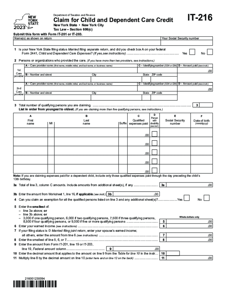 Form IT-216 Claim for Child and Dependent Care Credit Tax Year 2023 Preview on Page 1