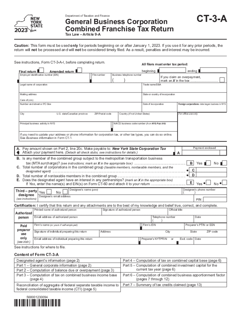 Form CT-3-A General Business Corporation Combined Franchise Tax Return Tax Year 2023 Preview on Page 1