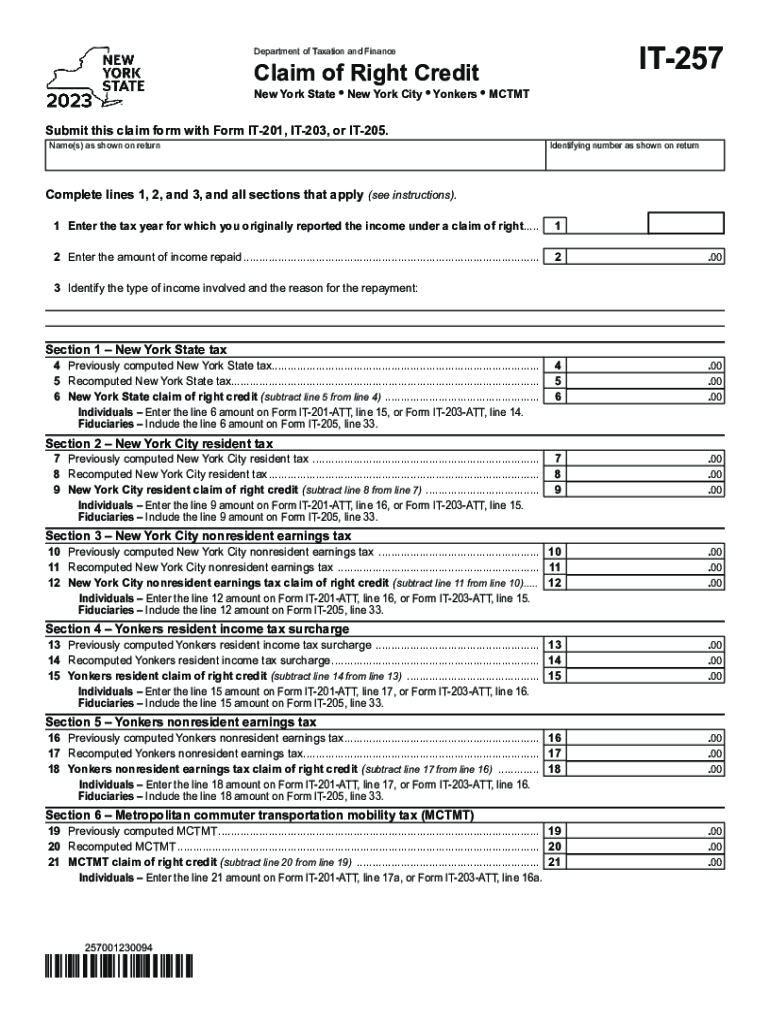 Form IT-257 Claim of Right Credit Tax Year 2023 Preview on Page 1