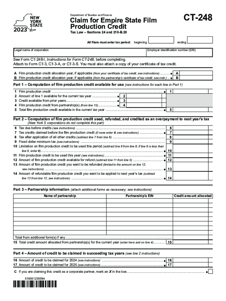 Form CT-248 Claim for Empire State Film Production Credit Tax Year 2023 Preview on Page 1