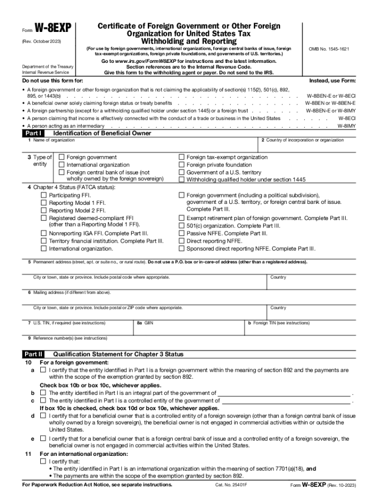 Form W-8EXP (Rev October 2023) Certificate of Foreign Government or Other Foreign Organization for U Preview on Page 1