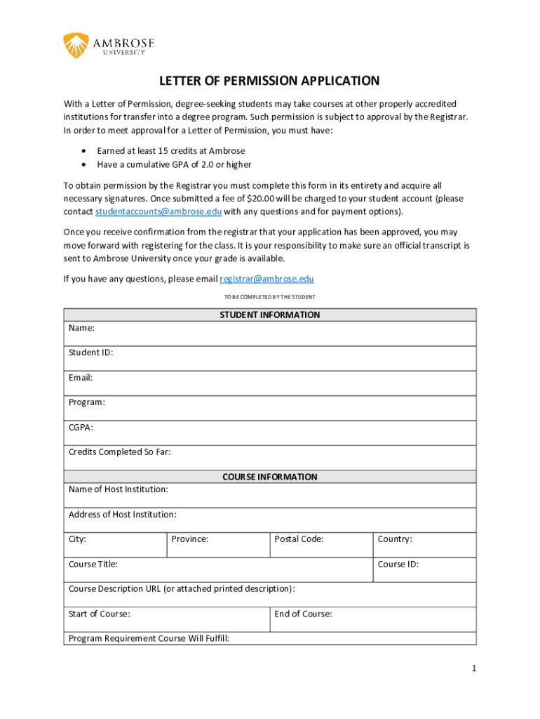 Fillable Online Letter of Permission to Take Courses at Another ...