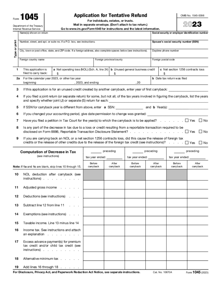 irs form 1045 Preview on Page 1