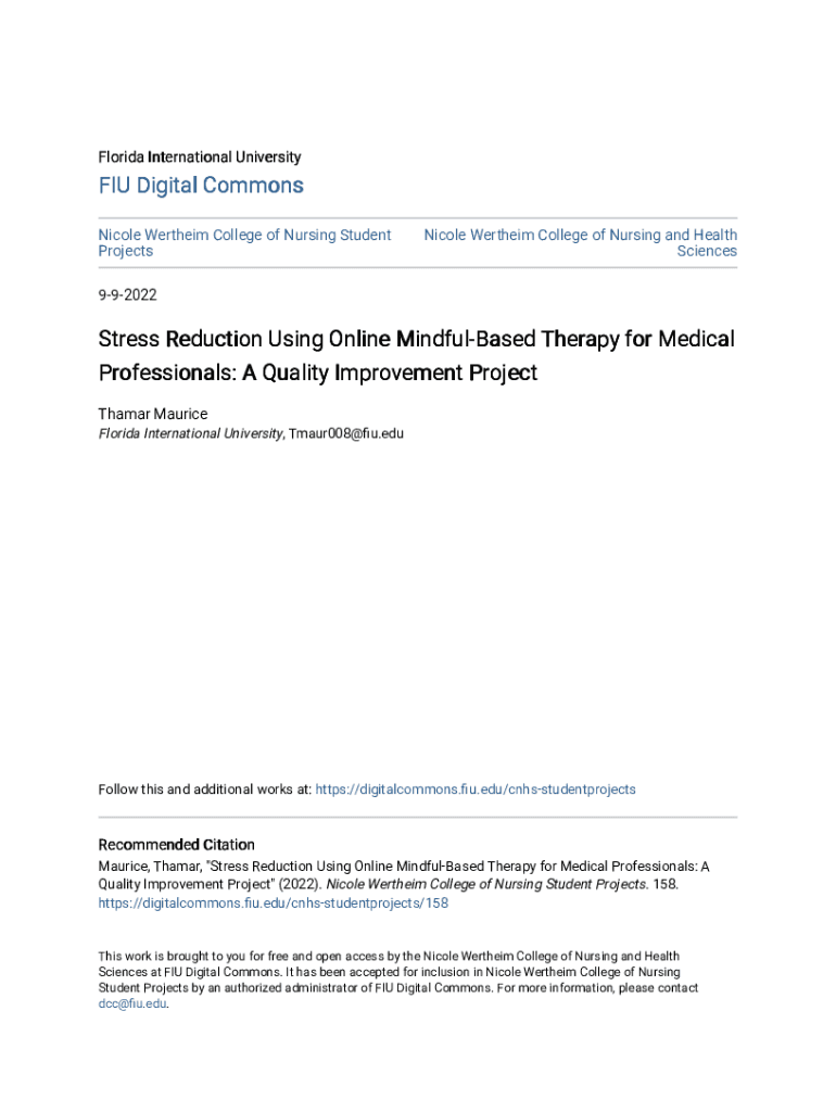 Fillable Online Stress Reduction Using Online MindfulBased Therapy for