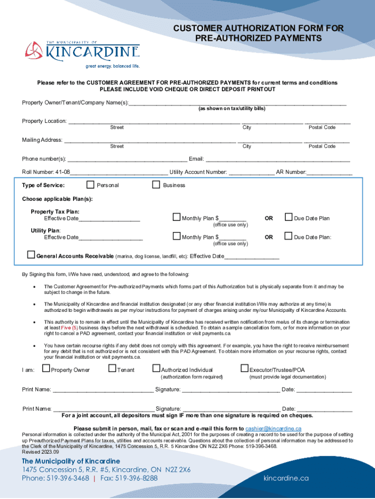 Customer Authorization Form for PreAuthorized Payments Fill Online