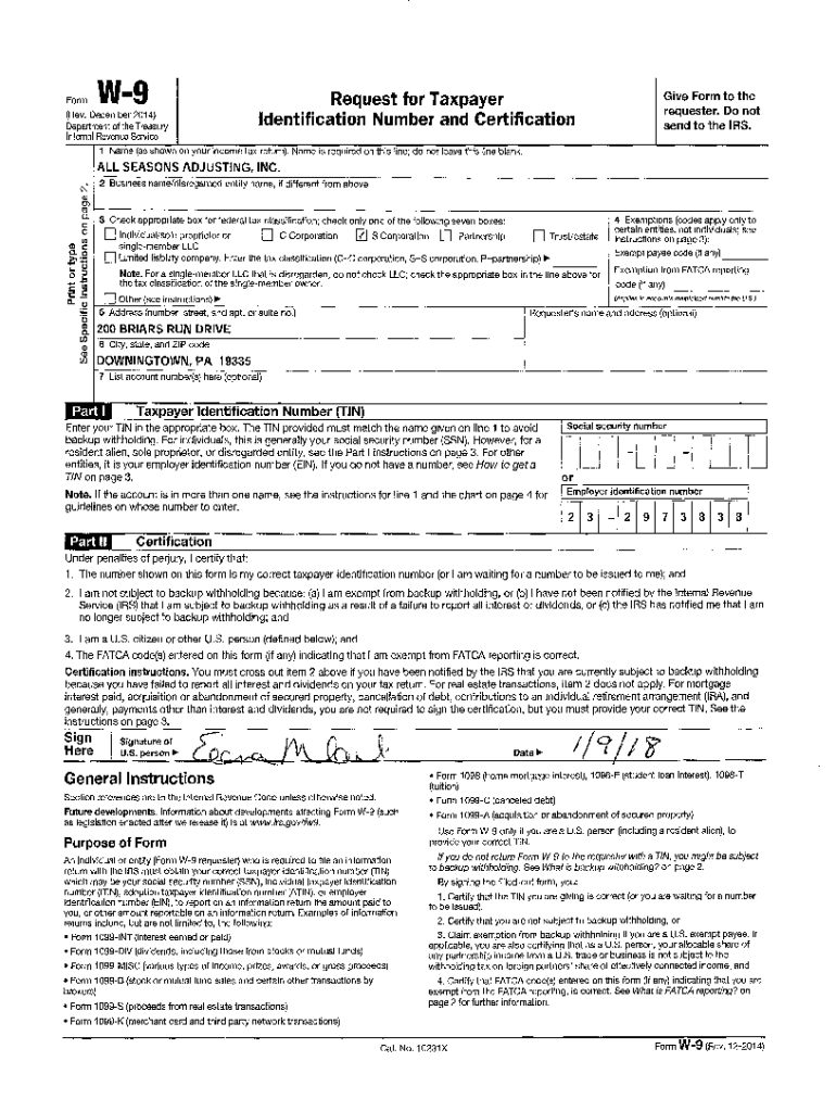 Fillable Online YourFormW9 1 .pdf - W-9 Form Rev. December 2014 Fax ...
