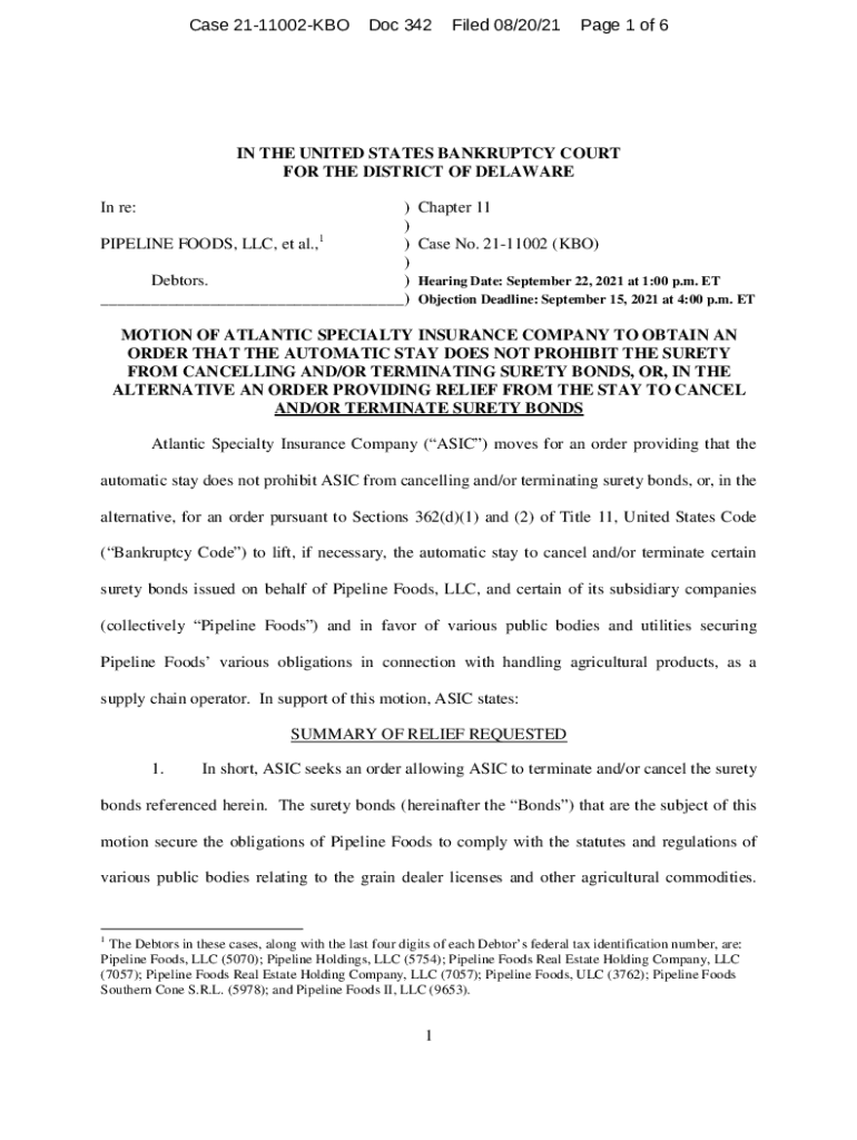 Fillable Online Chapter 11 PIPELINE FOODS, LLC, et al., Case No. 21
