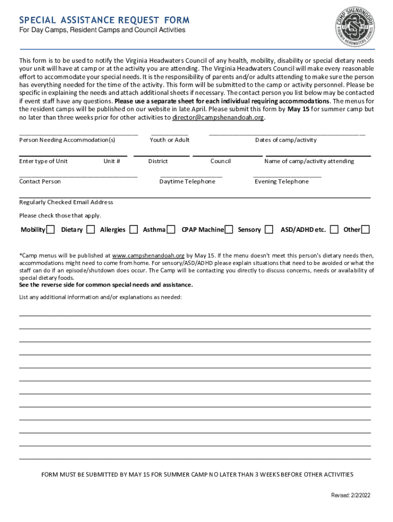 Fillable Online SPECIAL ASSISTANCE REQUEST FORM Fax Email Print pdfFiller