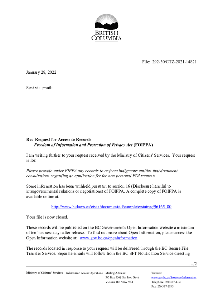 Fillable Online Docs Openinfo Gov Bc Please Provide Under FIPPA Any 