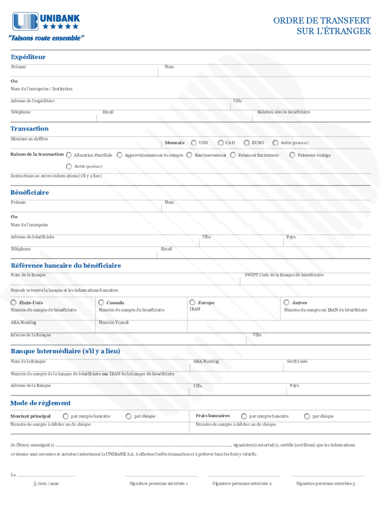 ordre de transfert sur l'étranger unibank Preview on Page 1