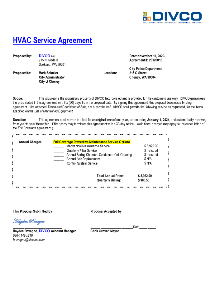Fillable Online HVAC Service Agreement - Cheney Fax Email Print - pdfFiller
