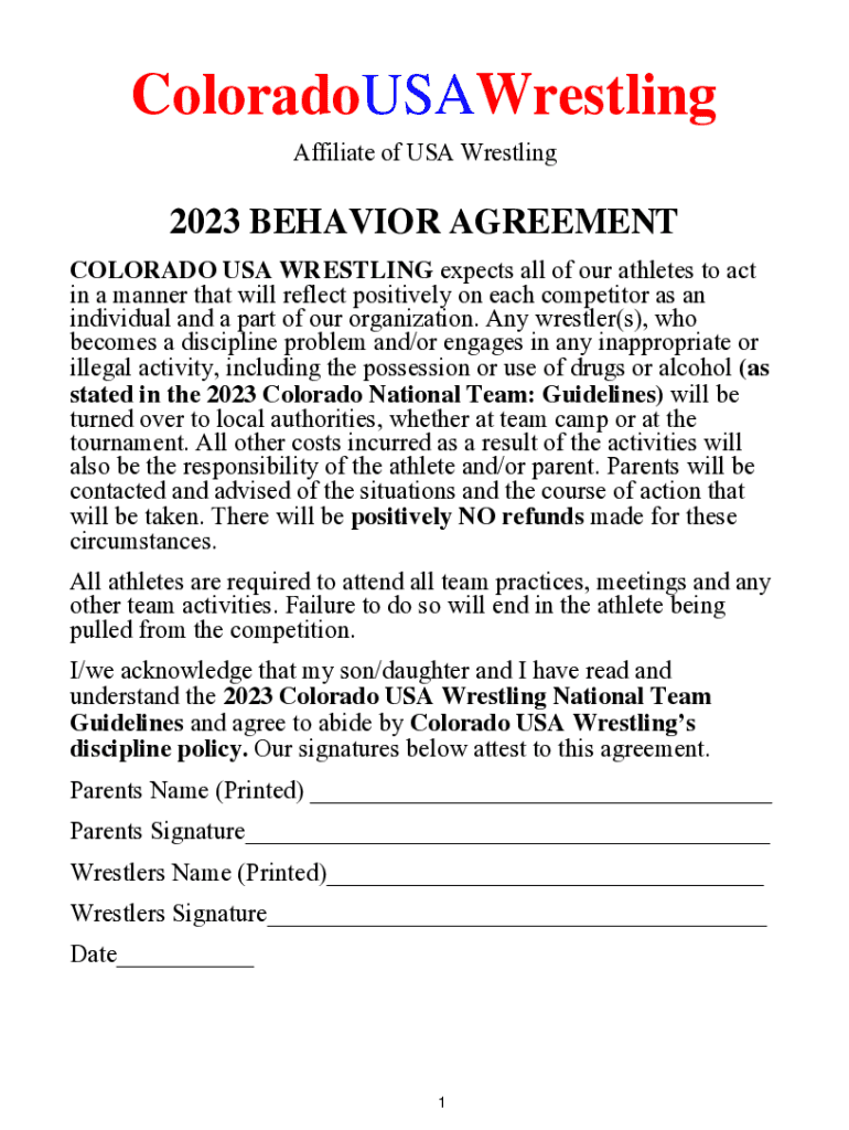 Fillable Online USA Wrestling National Team Wrestler Agreement Fax