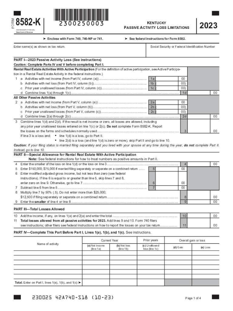 8582-K - Kentucky Passive Activity Loss Limitations - Form Preview on Page 1