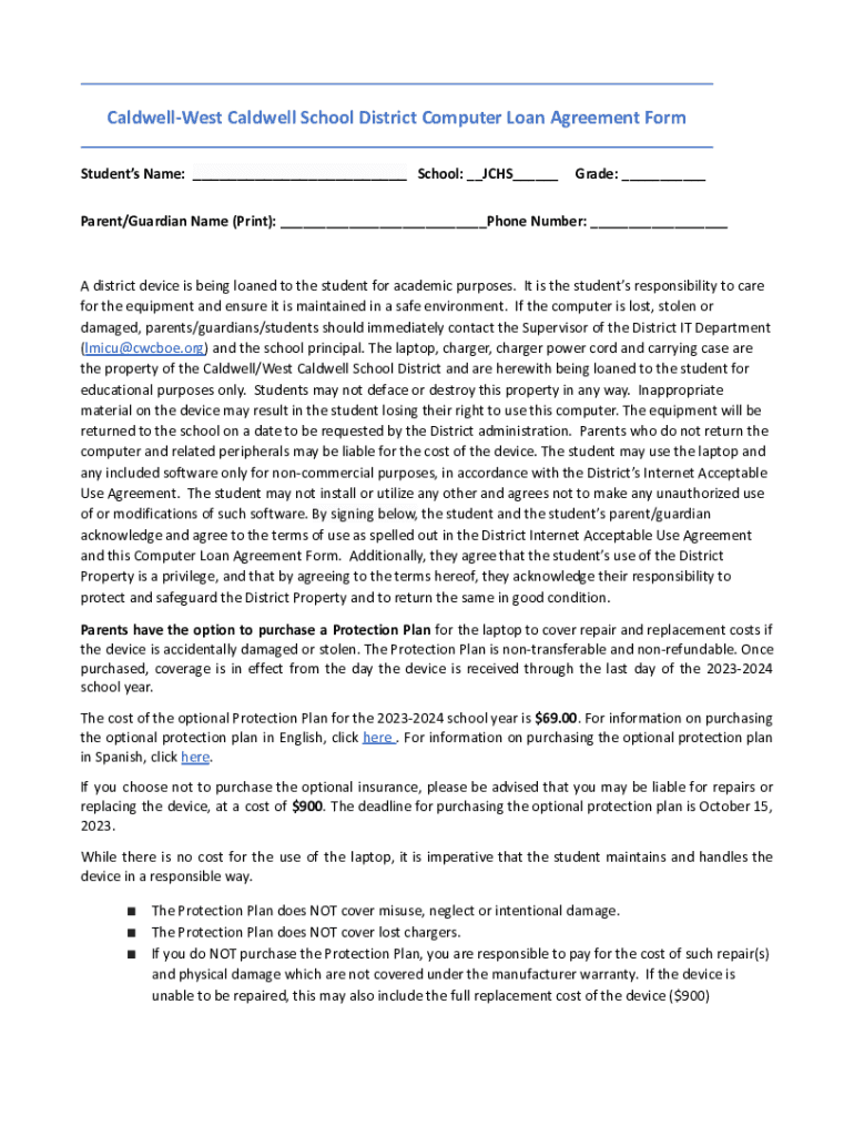 Fillable Online CaldwellWest Caldwell School District Computer Loan
