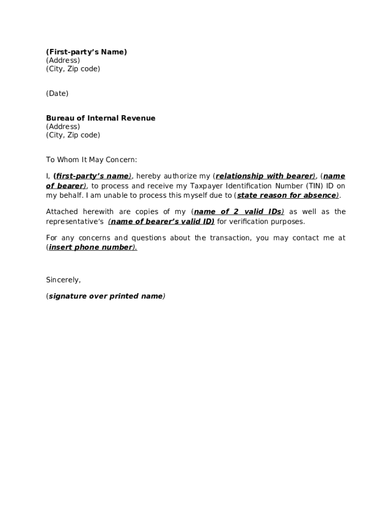 Sample Authorization Letter for Claiming of TIN ID Doc Template pdfFiller