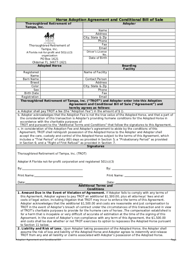 Get Horse Adoption Agreement And Conditional Bill Of Sale Doc Template ...