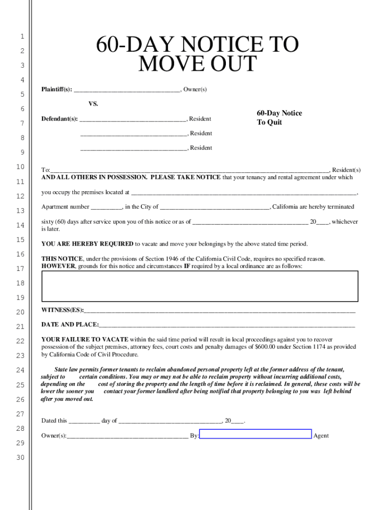 California 60-Day Notice to Terminate Month-to-Month Tenancy Preview on Page 1