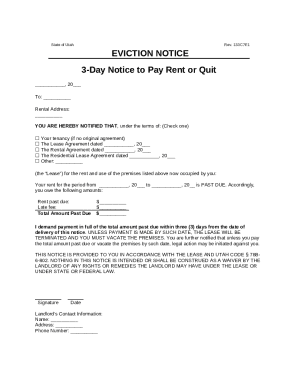 EVICTION NOTICE 3-Day Notice to Pay Rent or Quit Doc Template | pdfFiller