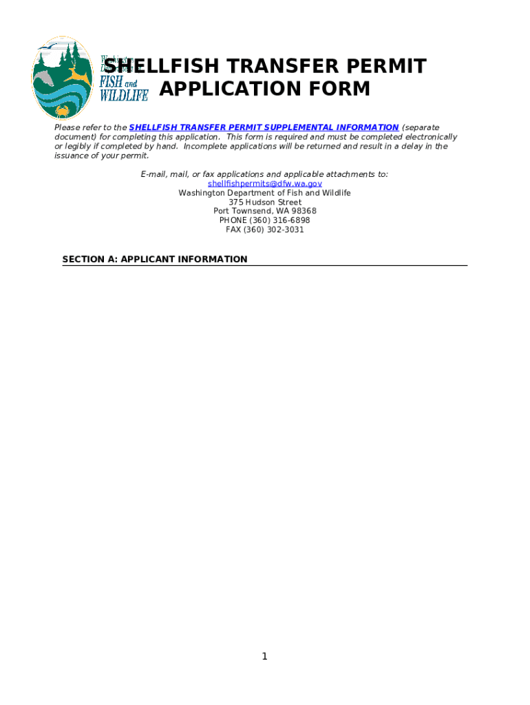 SHELLFISH TRANSFER PERMIT APPLICATION wdfw wa Doc Template pdfFiller